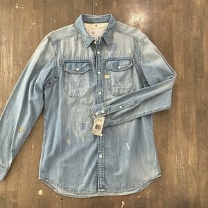 G-Star Raw Wolker Shirt Mens Medium Denim Button Up Long Sleeve Pockets Distress